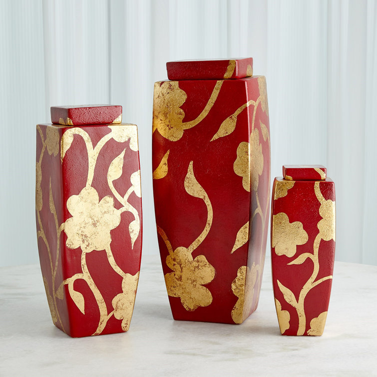 Deep Red and Gold Floral Ceramic Decorative Jar