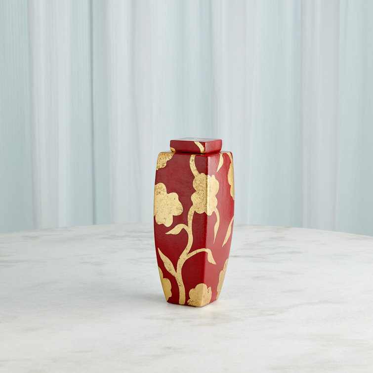 Deep Red and Gold Floral Ceramic Decorative Jar