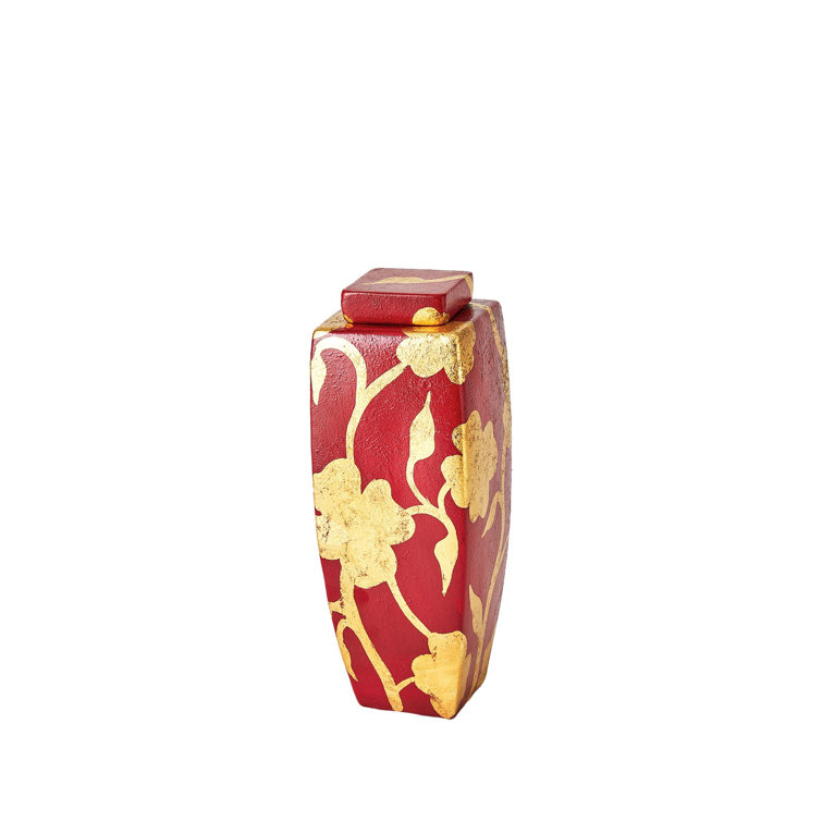 Deep Red and Gold Floral Ceramic Decorative Jar