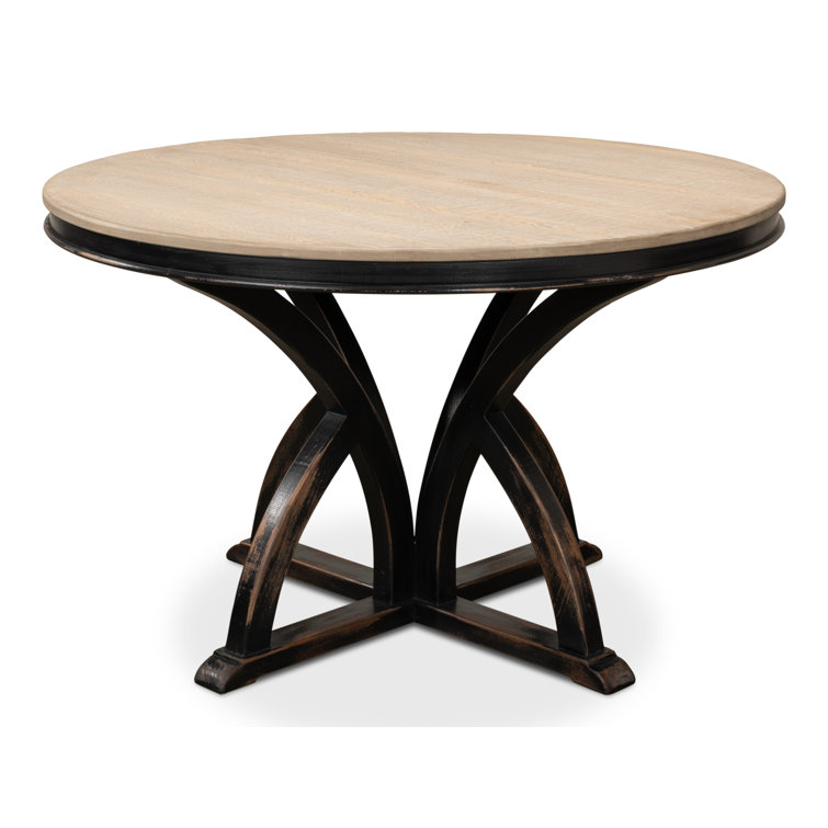 Bleached Pine and Black Round Farmhouse Pedestal Dining Table