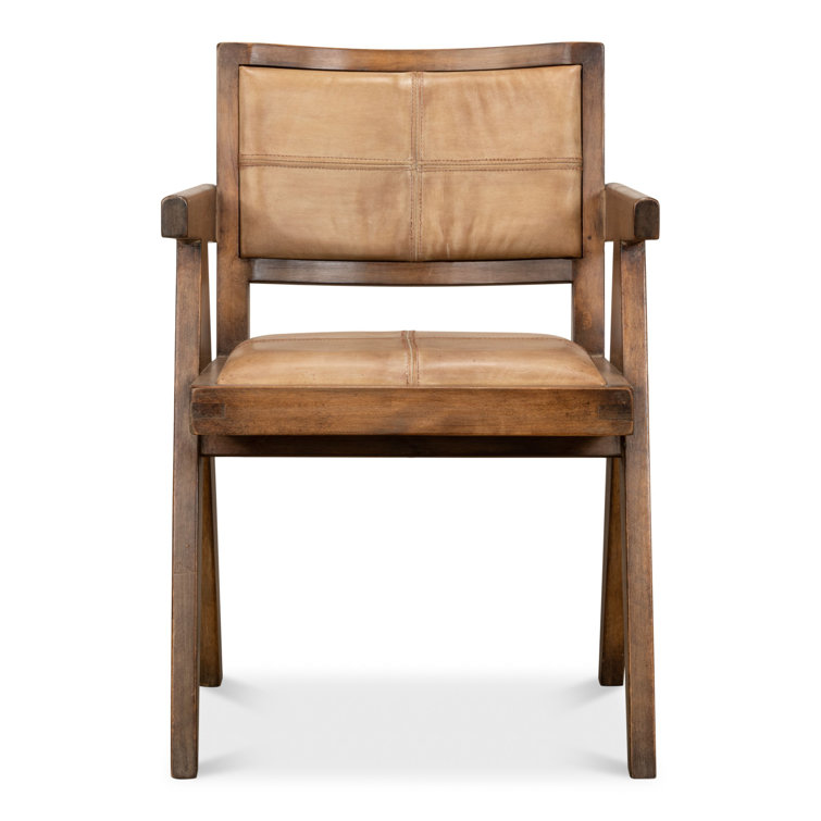 Brown Genuine Leather and Pine Wood Club Chair