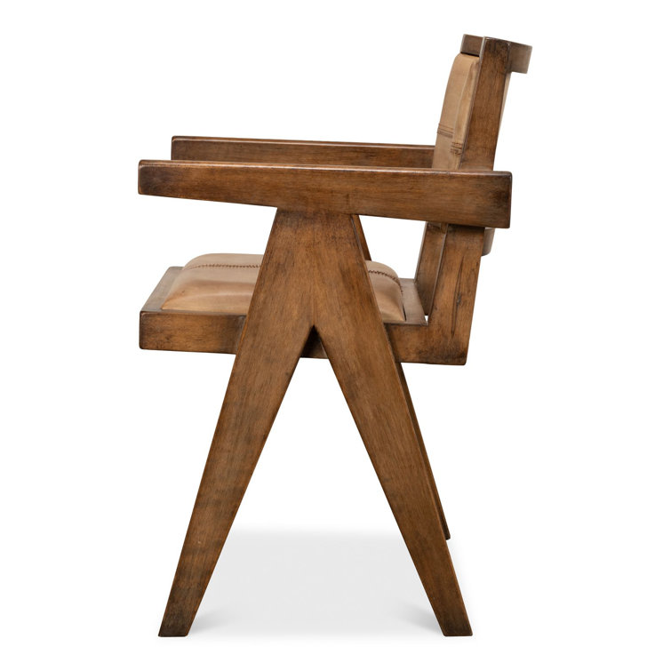 Brown Genuine Leather and Pine Wood Club Chair