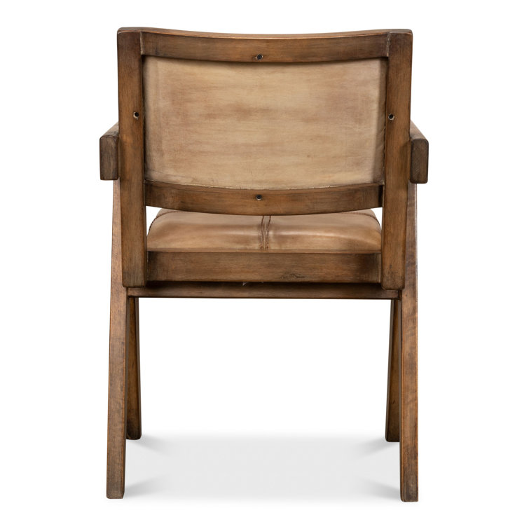 Brown Genuine Leather and Pine Wood Club Chair