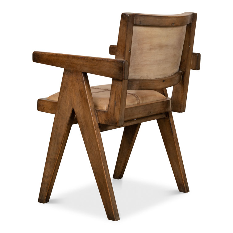 Brown Genuine Leather and Pine Wood Club Chair