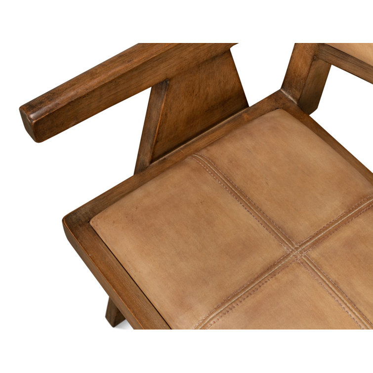 Brown Genuine Leather and Pine Wood Club Chair