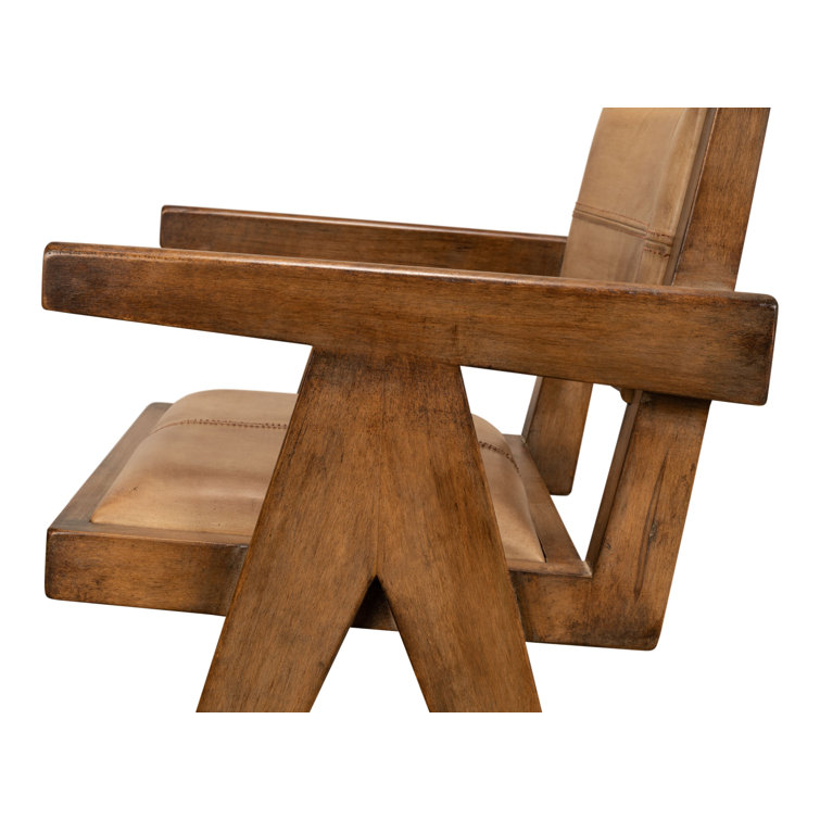 Brown Genuine Leather and Pine Wood Club Chair