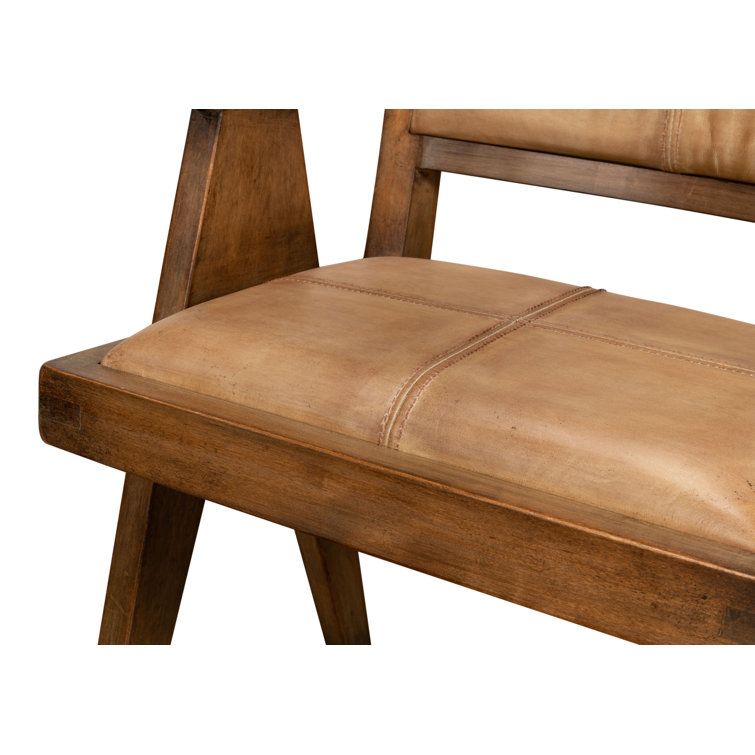 Brown Genuine Leather and Pine Wood Club Chair