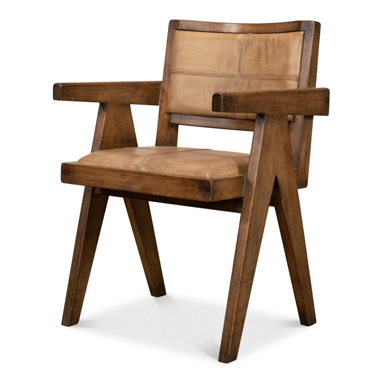 Brown Genuine Leather and Pine Wood Club Chair