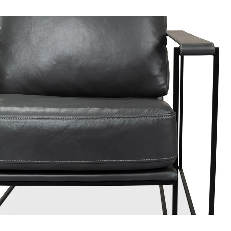 Portland Gray Genuine Leather Club Chair with Metal Frame