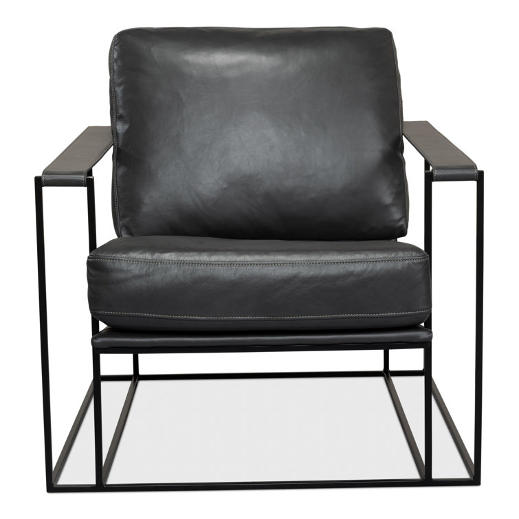 Portland Gray Genuine Leather Club Chair with Metal Frame
