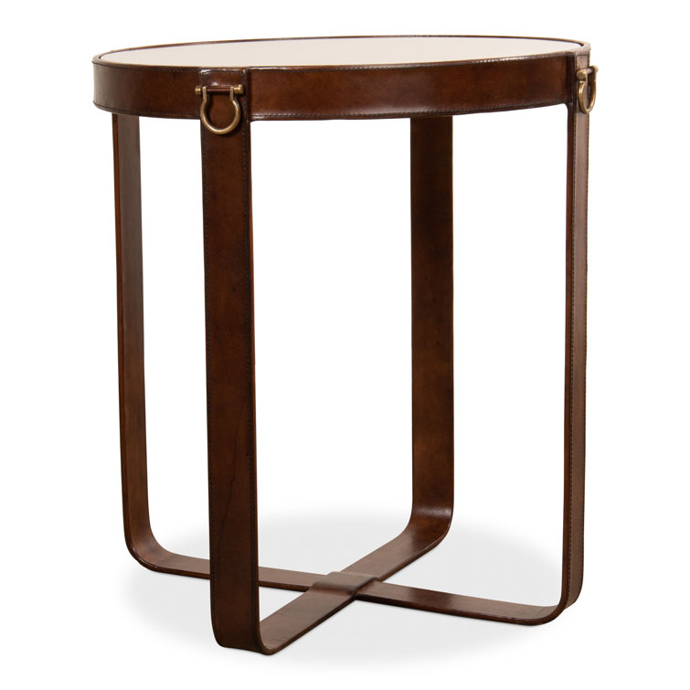 Brown Leather and Glass Round End Table with Brass Accents