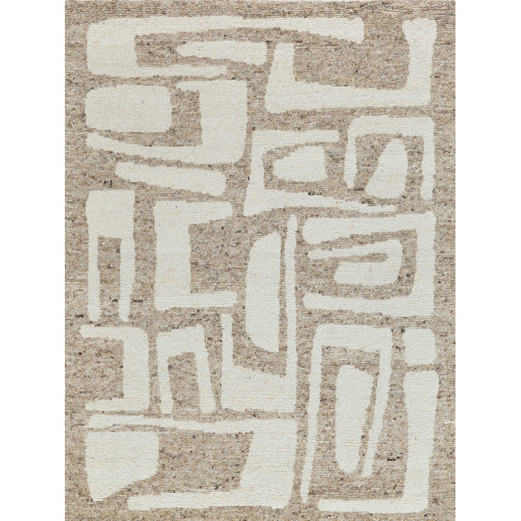 Hand-Knotted Beige and Ivory Wool Geometric Rug, 10' x 14'