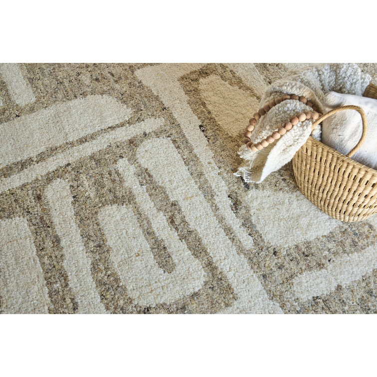 Ivory and Beige Geometric Hand-Knotted Wool 8' x 10' Rug