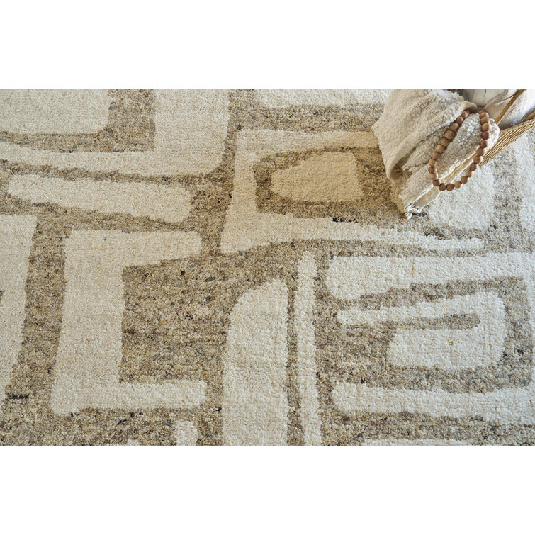 Ivory and Beige Geometric Hand-Knotted Wool 8' x 10' Rug