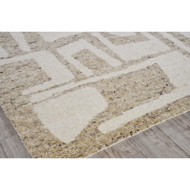 Ivory and Beige Geometric Hand-Knotted Wool 8' x 10' Rug