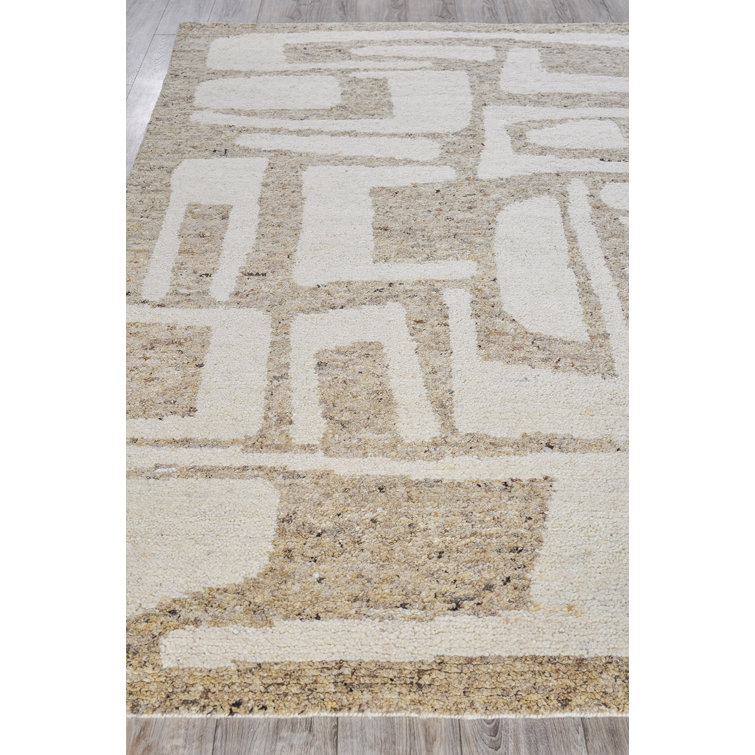 Ivory and Beige Geometric Hand-Knotted Wool 8' x 10' Rug