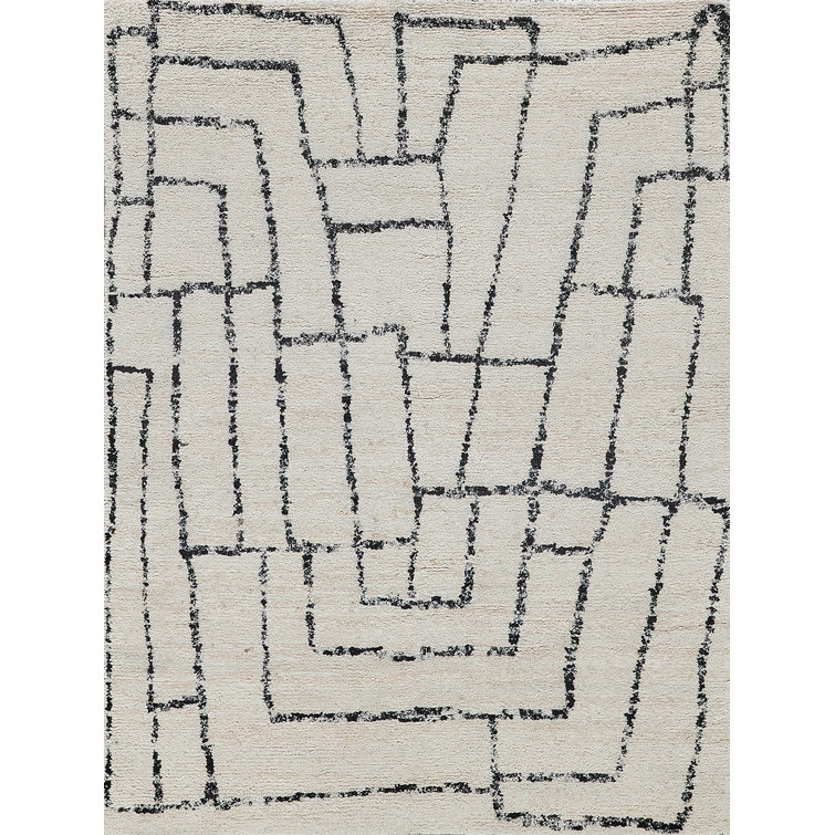 Black Geometric Hand-Knotted Wool 9' x 12' Area Rug