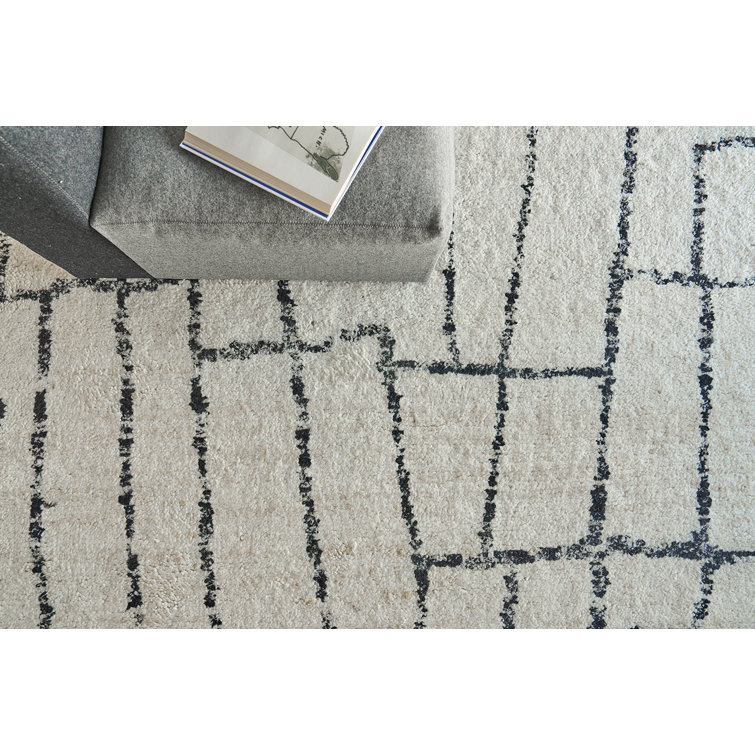 Black Geometric Hand-Knotted Wool 9' x 12' Area Rug