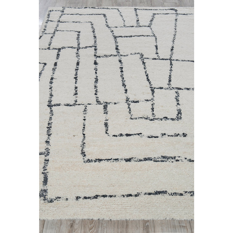 Black Geometric Hand-Knotted Wool 9' x 12' Area Rug