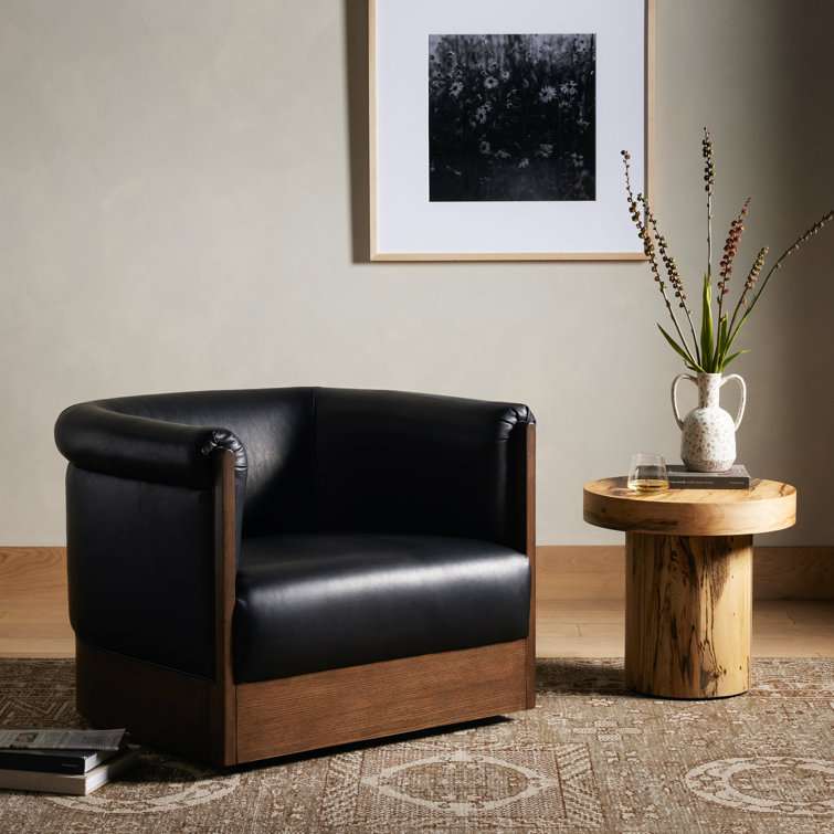 Heirloom Black Leather Swivel Barrel Chair with Ash Veneer
