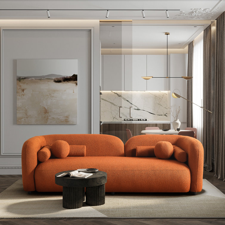 Ivory and Orange Boucle Curvy Arm Sofa with Solid Wood Frame