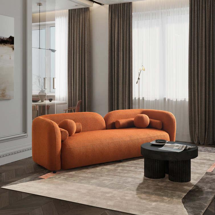 Ivory and Orange Boucle Curvy Arm Sofa with Solid Wood Frame