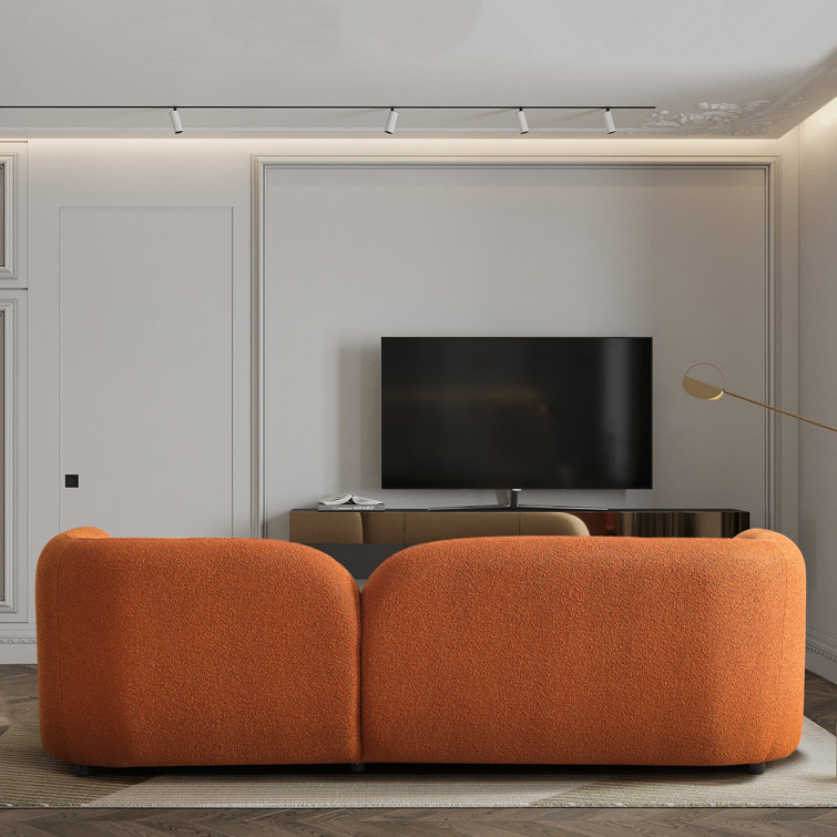 Ivory and Orange Boucle Curvy Arm Sofa with Solid Wood Frame