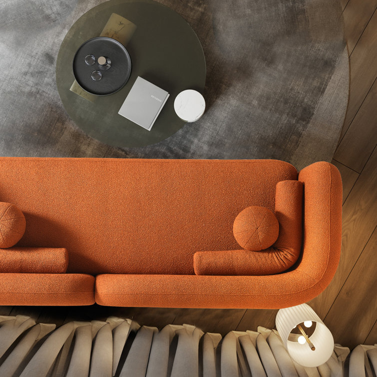 Ivory and Orange Boucle Curvy Arm Sofa with Solid Wood Frame