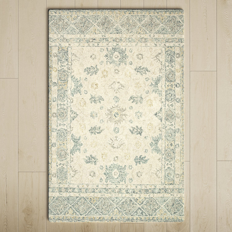 Handmade Ivory and Slate Wool Floral Rectangular Rug
