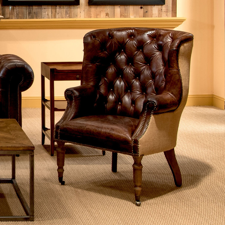 Vintage Cigar Brown Leather Tufted Arm Chair with Wood Legs