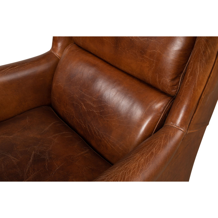 Elite Dark Brown Genuine Leather Wingback Chair with Wooden Legs