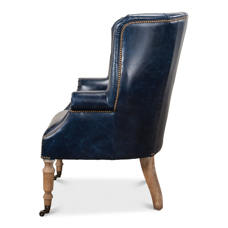 Transitional Chateau Blue Genuine Leather Wingback Chair