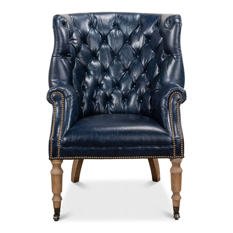 Transitional Chateau Blue Genuine Leather Wingback Chair