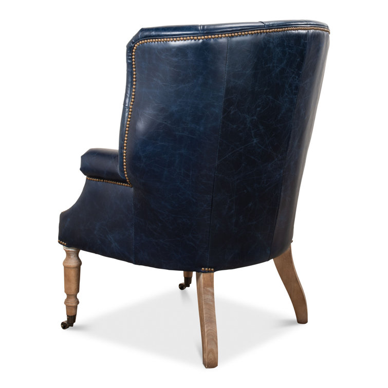Transitional Chateau Blue Genuine Leather Wingback Chair
