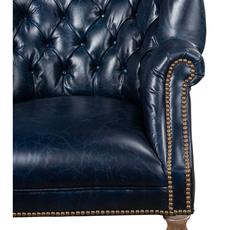 Transitional Chateau Blue Genuine Leather Wingback Chair