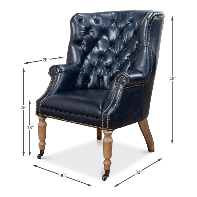 Transitional Chateau Blue Genuine Leather Wingback Chair