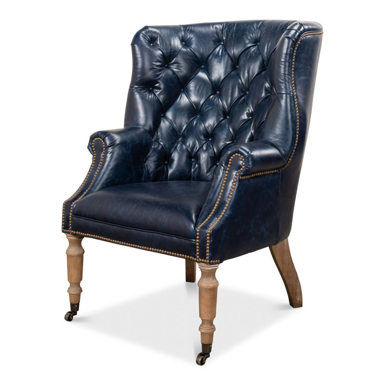 Transitional Chateau Blue Genuine Leather Wingback Chair