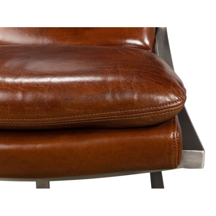 Brown Genuine Leather and Metal Armless Chair