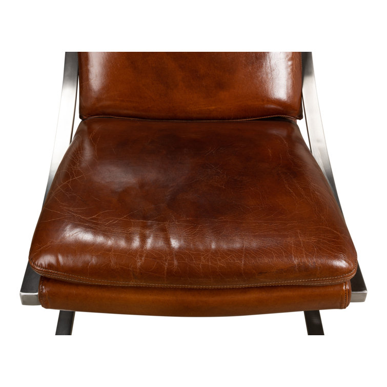 Brown Genuine Leather and Metal Armless Chair