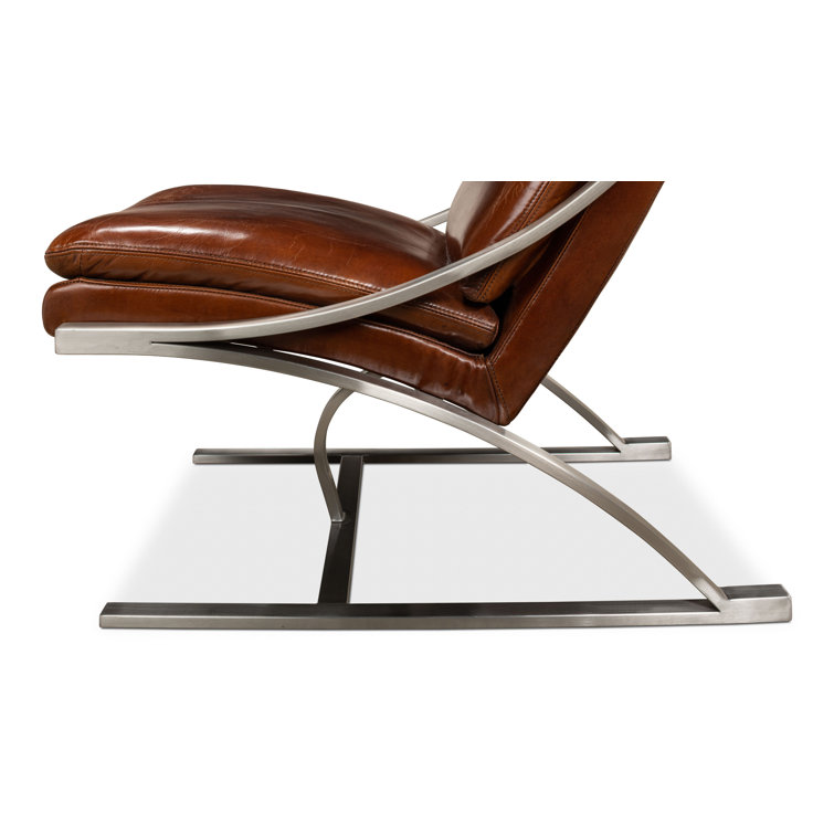 Brown Genuine Leather and Metal Armless Chair