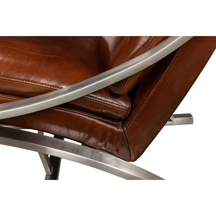 Brown Genuine Leather and Metal Armless Chair