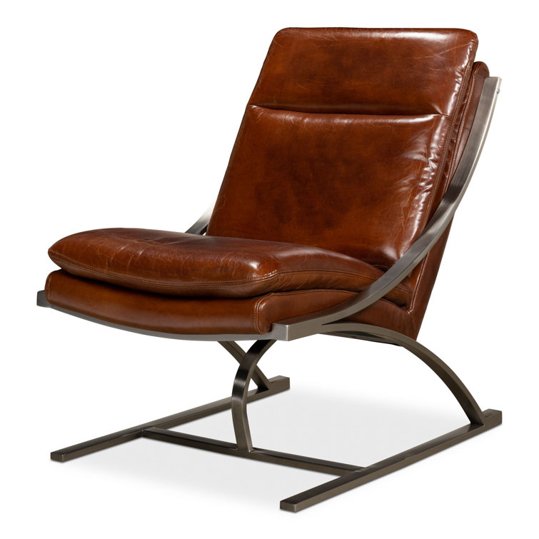 Brown Genuine Leather and Metal Armless Chair