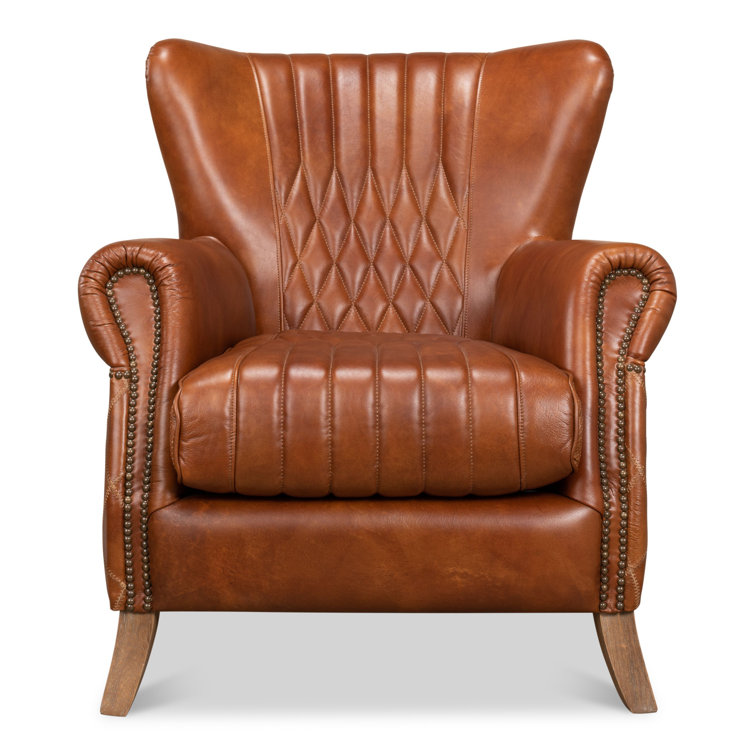 Transitional Bugatti Brown Leather & Wood Wingback Arm Chair