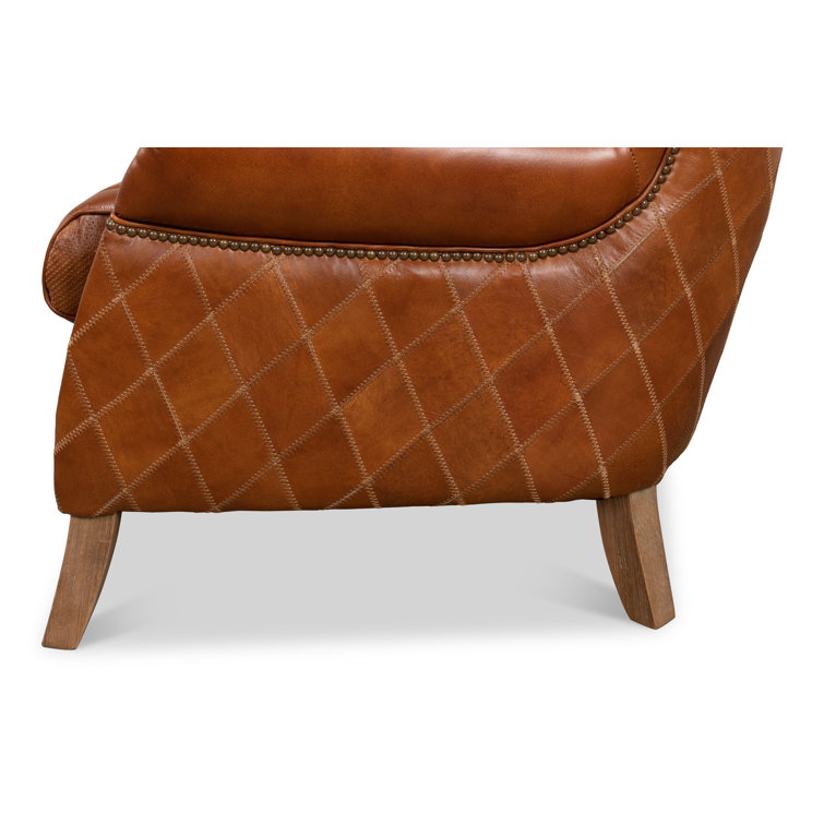 Transitional Bugatti Brown Leather & Wood Wingback Arm Chair