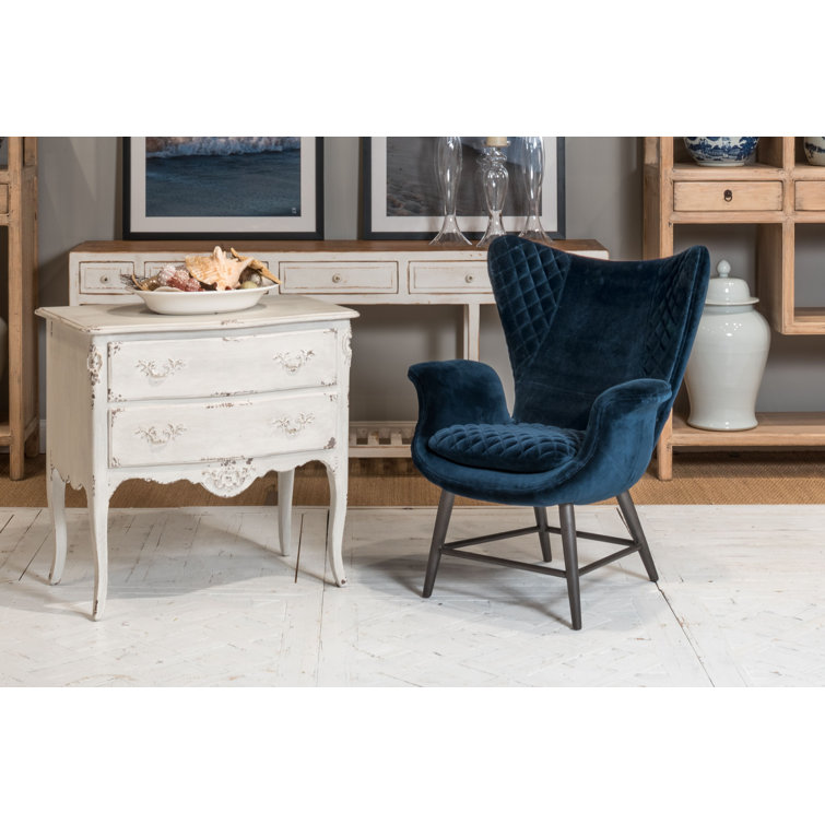 Contemporary Blue Velvet Wingback Arm Chair with Oak Legs