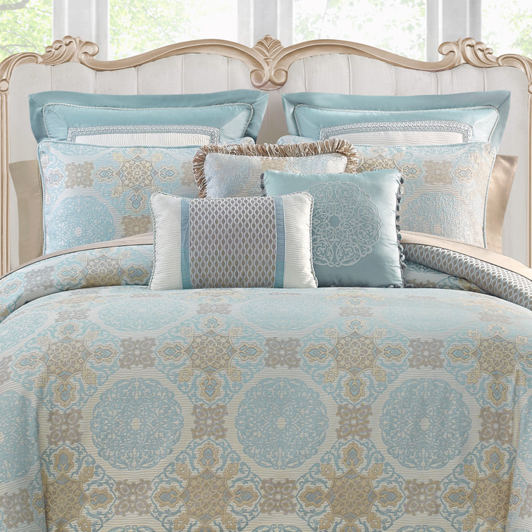 Navy and Gold Reversible Queen Comforter Set with Embroidery