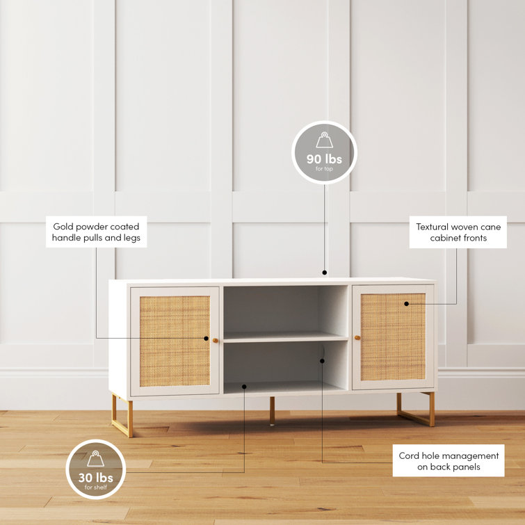 White and Gold Rattan Door TV Stand for 55" TVs