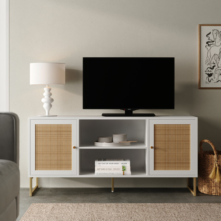 White and Gold Rattan Door TV Stand for 55" TVs