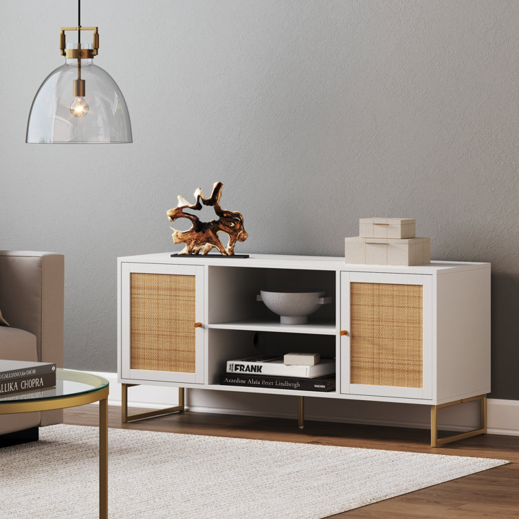 White and Gold Rattan Door TV Stand for 55" TVs