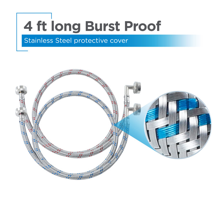 Stainless Steel Braided Washing Machine Hoses with Brass Fittings, 4 Ft, 2-Pack